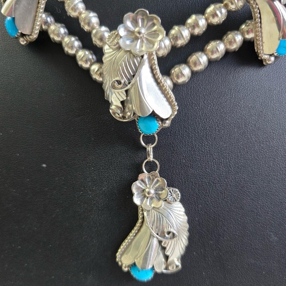 Sterling Silver 925 and Turquoise Floral Squash Blossom Necklace - Picture 2 of 16